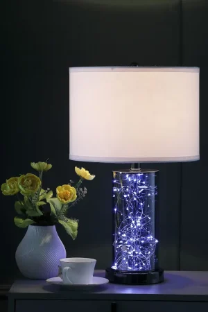 21" Glass LED Cylinder Table Lamp with Nightlight and White Drum Shade High Quality