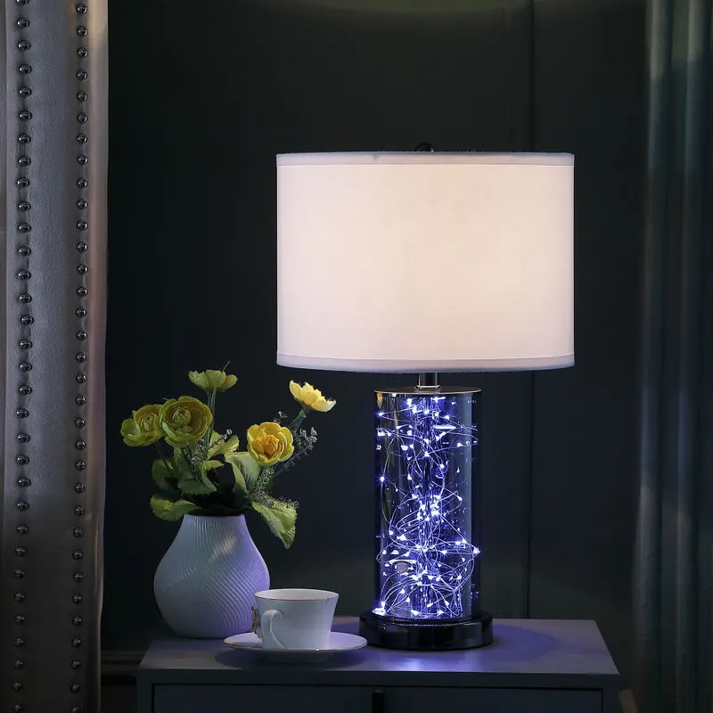 21" Glass LED Cylinder Table Lamp with Nightlight and White Drum Shade High Quality