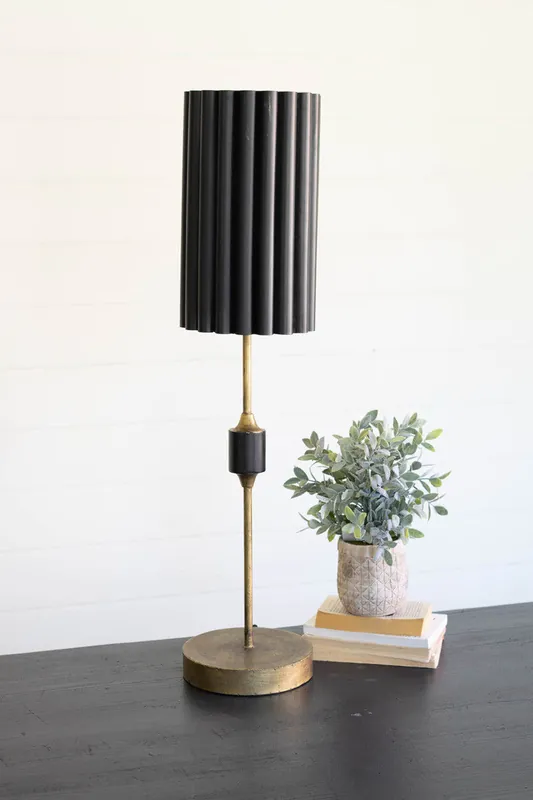 Antique Gold Table Lamp With Fluted Black Metal Shade By Kalalou Warranty Included