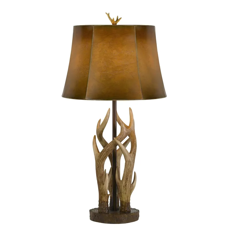 Money Back Guarantee 150 Watt Leatherette Shade Table Lamp With Antler Polyresin Base, Brow