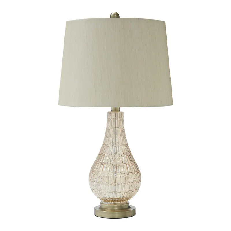 Bellied Glass Table Lamp With Fabric Drum Shade Beige And Clear By Ben Don’t Miss Out