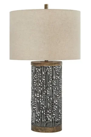 150 Watt Metal Body Table Lamp With Network Design Gray And Beige By B Time-Limited