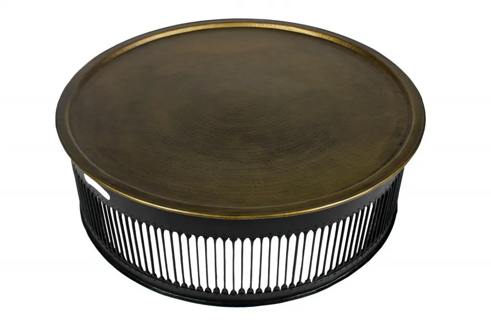 In Demand Round Black Drum Shaped Brass Coffee Table By Homeroots