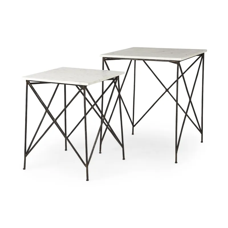 Brand New Antiqued Angular Metal and Marble End Table By Homeroots