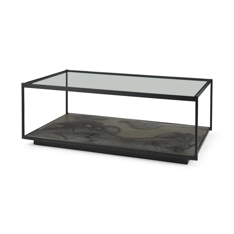 Iron Glass and Marble Rectangular Coffee Table By Homeroots Big Sale