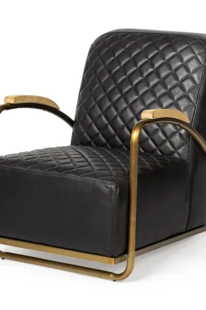 Black Leather Diamond Pattern Gold Club Chair By Homeroots Deal