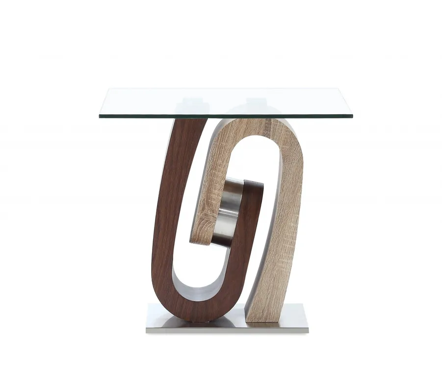 Oak and Walnut Ultra modern End Table with Glass top By Homeroots Premium