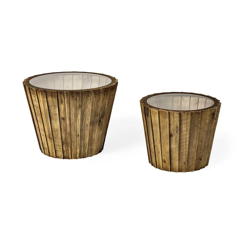 Set of 2 Light Brown Wood Accent Tables with Glass Round Top By Homero Deal