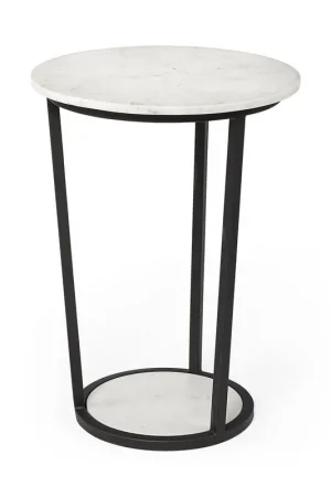 18' Round White Marble Top Accent Table with Black Metal Frame By Home Trusted Brand