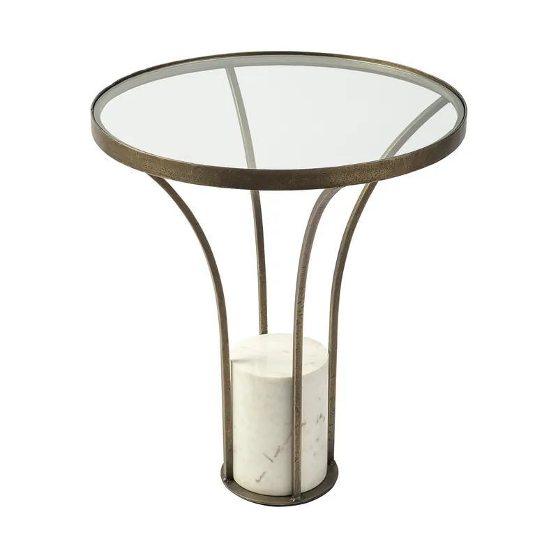 21' Round Glass Top End Table with Metal and Marble Pedestal By Homero Fast Shipping