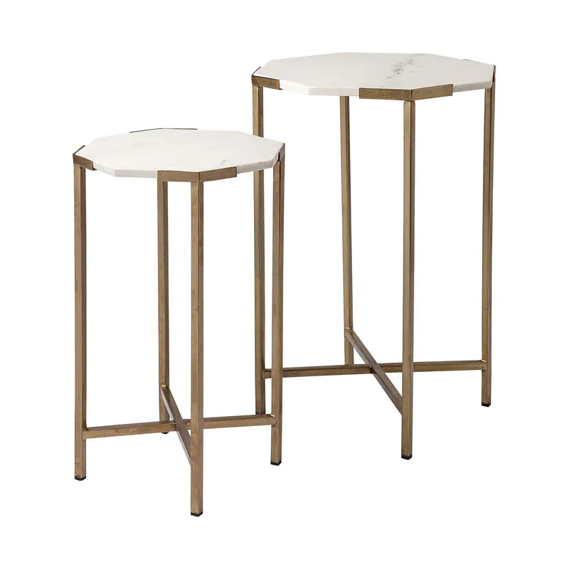 In Demand Set of 2 White Marble and Iron Hexagonal Top Side Tables By Homeroots