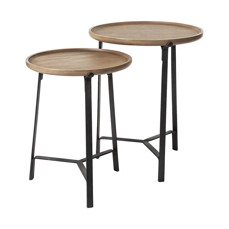 Set of 2 Round Brown Solid Wood Iron Base Nesting Side Tables By Homer Shop Now