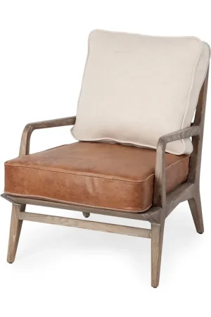 Brown Leather Seat Accent Chair with Off White Fabric By Homeroots Get Yours
