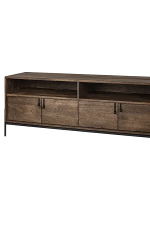 Wholesale Medium Brown Mango Wood Finish TV Stand Media Console With 4 Doors And