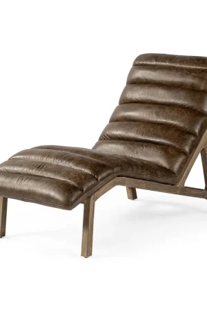 Budget Modern Brown Genuine Leather Chaise Lounge Chair With Solid Wood Frame
