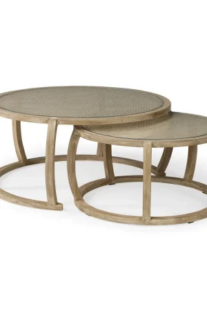 Best Seller S2 41.5' Round Woven Cane Glass Top and Solid Wood Coffee Tables By Ho