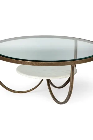 36' Round Glass Top Marble Shelf Gold Base Coffee Table By Homeroots Hot Picks