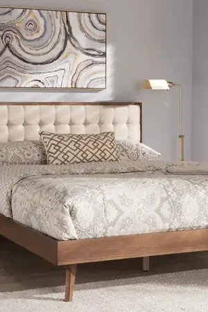 Baxton Studio Soloman Mid-Century Modern Light Beige Fabric and Walnut Brown Finished Wood Full Size Platform Bed - Light Beige , "Walnut" Brown Limited Edition