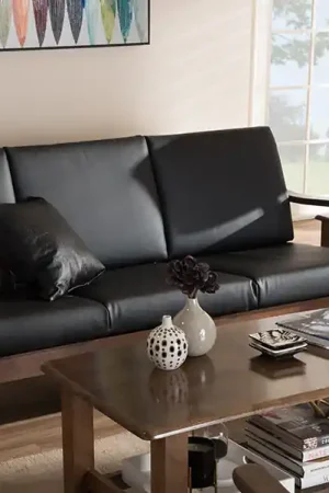 Baxton Studio Venza Mid-Century Modern Walnut Wood Black Faux Leather 3-Seater Sofa - Black , "Walnut" Brown Instant Buy