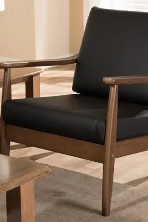Baxton Studio Venza Mid-Century Modern Walnut Wood Black Faux Leather Lounge Chair - Black , "Walnut" Brown Flash Sale