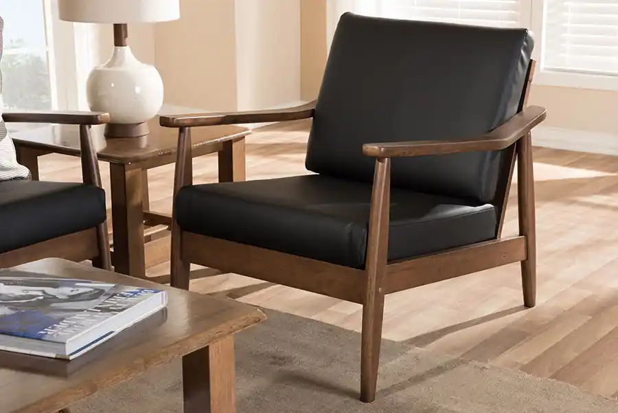 Baxton Studio Venza Mid-Century Modern Walnut Wood Black Faux Leather Lounge Chair - Black , "Walnut" Brown Flash Sale