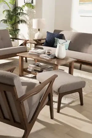 Baxton Studio Bianca Mid-Century Modern Walnut Wood Light Grey Fabric Tufted Livingroom Sofa Set - Light Grey , "Walnut" Brown Don’t Miss Out