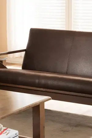 Baxton Studio Bianca Mid-Century Modern Walnut Wood Dark Brown Distressed Faux Leather 2-Seater Loveseat - Dark Brown , "Walnut" Brown Fresh Stock