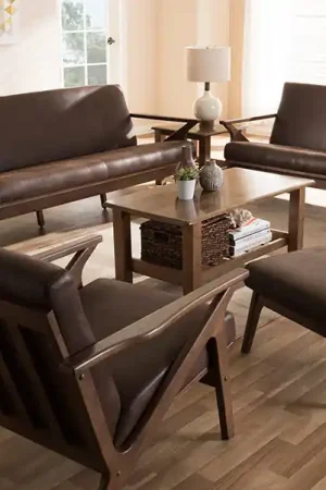 Baxton Studio Bianca Mid-Century Modern Walnut Wood Dark Brown Distressed Faux Leather Livingroom Sofa Set - Dark Brown , "Walnut" Brown Crafted