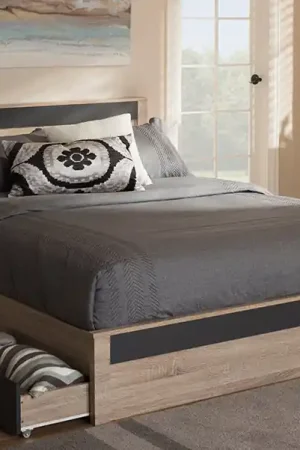Baxton Studio Jamie Modern and Contemporary Two-Tone Oak and Grey Wood Queen 2-Drawer Queen Size Storage Platform Bed - Light Brown , Gray Professional Grade
