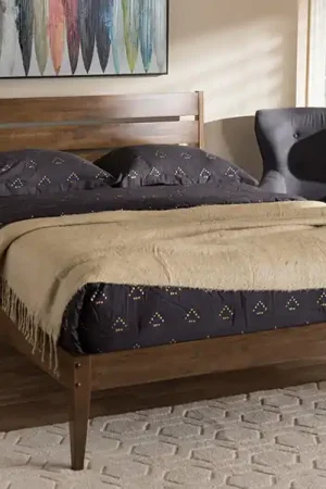Baxton Studio Elmdon Mid-Century Modern Solid Walnut Wood Slatted Headboard Style King Size Platform Bed - "Walnut" Brown Hot Deal