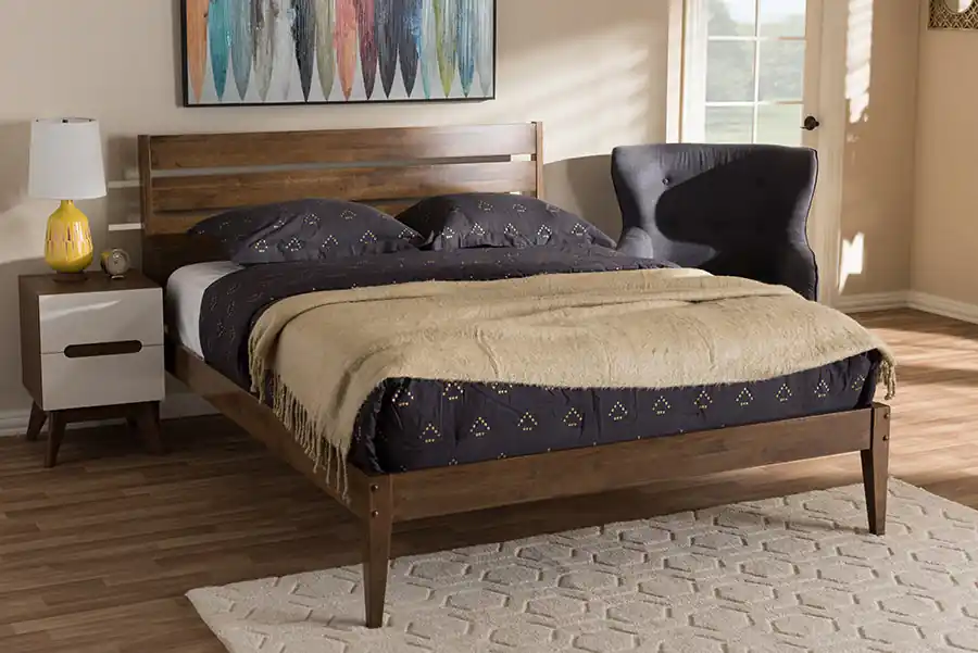 Baxton Studio Elmdon Mid-Century Modern Solid Walnut Wood Slatted Headboard Style King Size Platform Bed - "Walnut" Brown Hot Deal