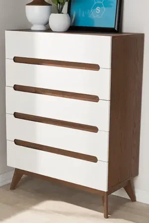 Big Sale Baxton Studio Calypso Mid-Century Modern White and Walnut Wood 5-Drawer Storage Chest - White , "Walnut" Brown