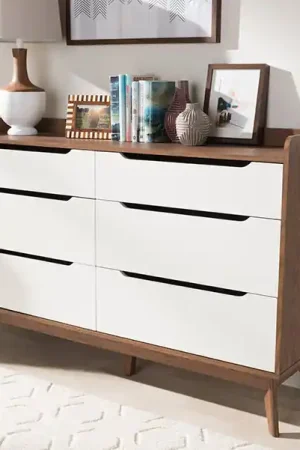 Baxton Studio Brighton Mid-Century Modern White and Walnut Wood 6-Drawer Storage Dresser - White , "Walnut" Brown Premium