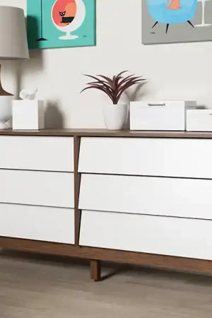 Baxton Studio Hildon Mid-Century Modern White and Walnut Wood 6-Drawer Storage Dresser - White , "Walnut" Brown Secure Checkout