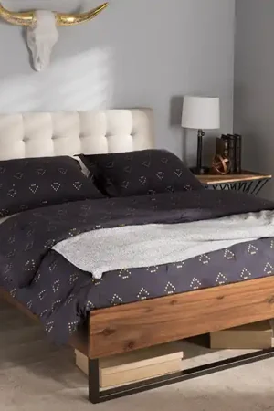 Baxton Studio Mitchell Rustic Industrial Walnut Wood Beige Fabric Dark Bronze Metal King Size Platform Bed - Light Beige , "Walnut" Brown Affordable
