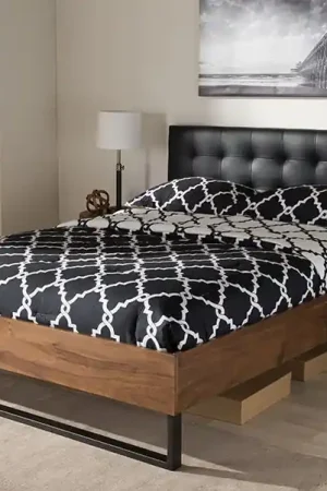 Baxton Studio Mitchell Rustic Industrial Walnut Wood Black Faux Leather Dark Bronze Metal King Size Platform Bed - Black , "Walnut" Brown Reduced Price