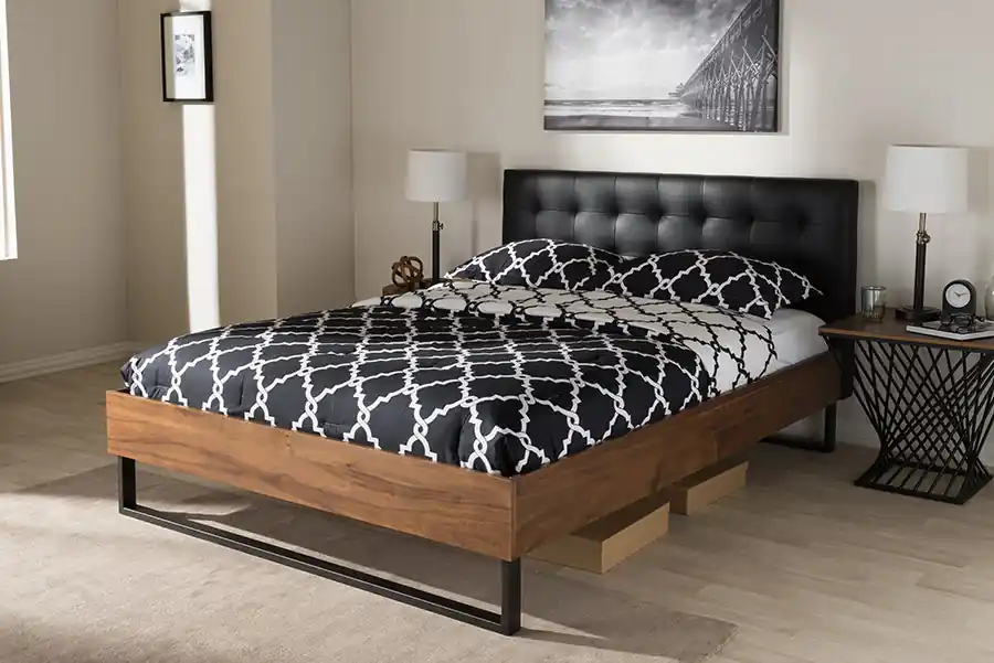 Baxton Studio Mitchell Rustic Industrial Walnut Wood Black Faux Leather Dark Bronze Metal King Size Platform Bed - Black , "Walnut" Brown Reduced Price