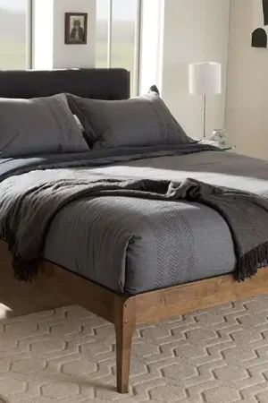 Baxton Studio Clifford Mid-Century Dark Grey Fabric and Medium Brown Finish Wood Queen Size Platform Bed - Grey , "Walnut" Brown Deal