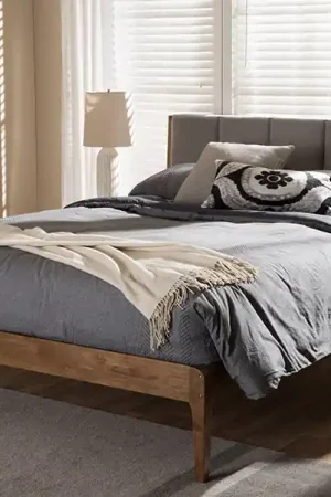 Baxton Studio Ember Mid-Century Light Grey Fabric and Medium Brown Finish Wood Queen Size Platform Bed - Light Grey , "Walnut" Brown Modern