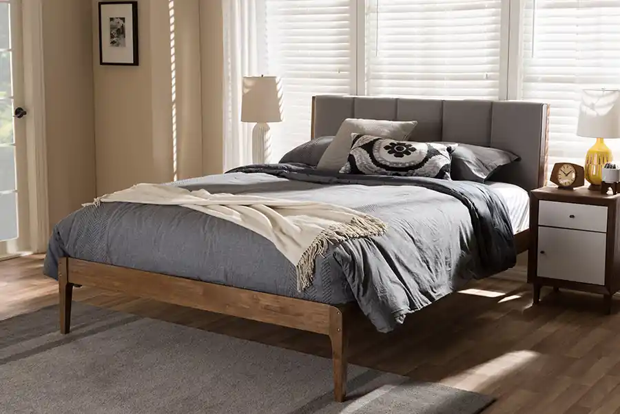 Baxton Studio Ember Mid-Century Light Grey Fabric and Medium Brown Finish Wood Queen Size Platform Bed - Light Grey , "Walnut" Brown Modern