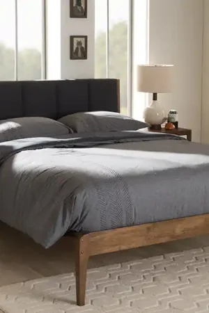 Baxton Studio Ember Mid-Century Dark Grey Fabric and Medium Brown Finish Wood King Size Platform Bed - Grey , "Walnut" Brown Popular