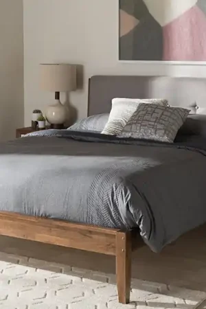Baxton Studio Leyton Mid-Century Light Grey Fabric and Medium Brown Finish Wood Queen Size Platform Bed - Light Grey , "Walnut" Brown Order Now