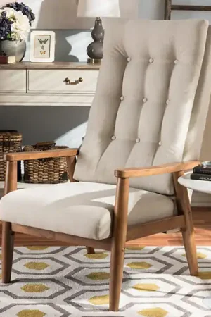 Baxton Studio Roxy Mid-Century Modern Walnut Brown Finish Wood and Light Beige Fabric Upholstered Button-Tufted High-Back Chair - Light Beige , "Walnut" Brown Weekend Sale