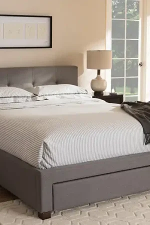 Baxton Studio Brandy Modern and Contemporary Grey Fabric Upholstered Queen Size Platform Bed with Storage Drawer - Grey Editor’s Pick