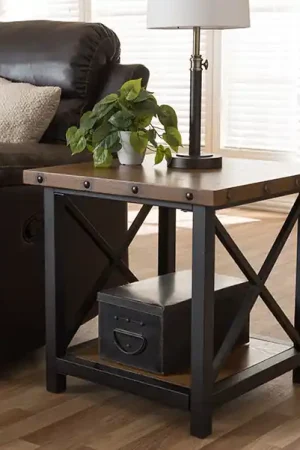 Baxton Studio Herzen Rustic Industrial Style Antique Black Textured Finished Metal Distressed Wood Occasional End Table - Brown , Black Buy Direct