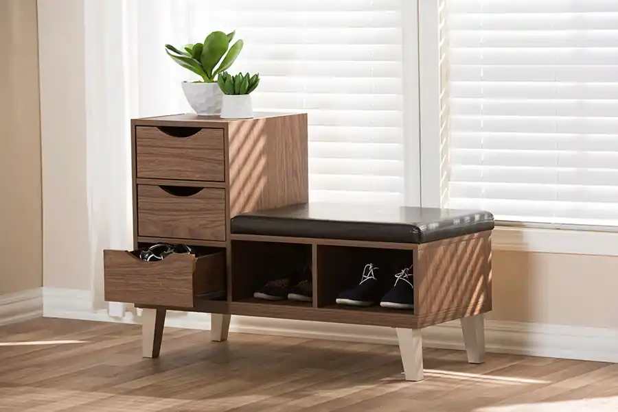 Affordable Baxton Studio Arielle Modern and Contemporary Walnut Brown Wood 3-Drawer Shoe Storage Padded Leatherette Seating Bench with Two Open Shelves - Walnut Brown