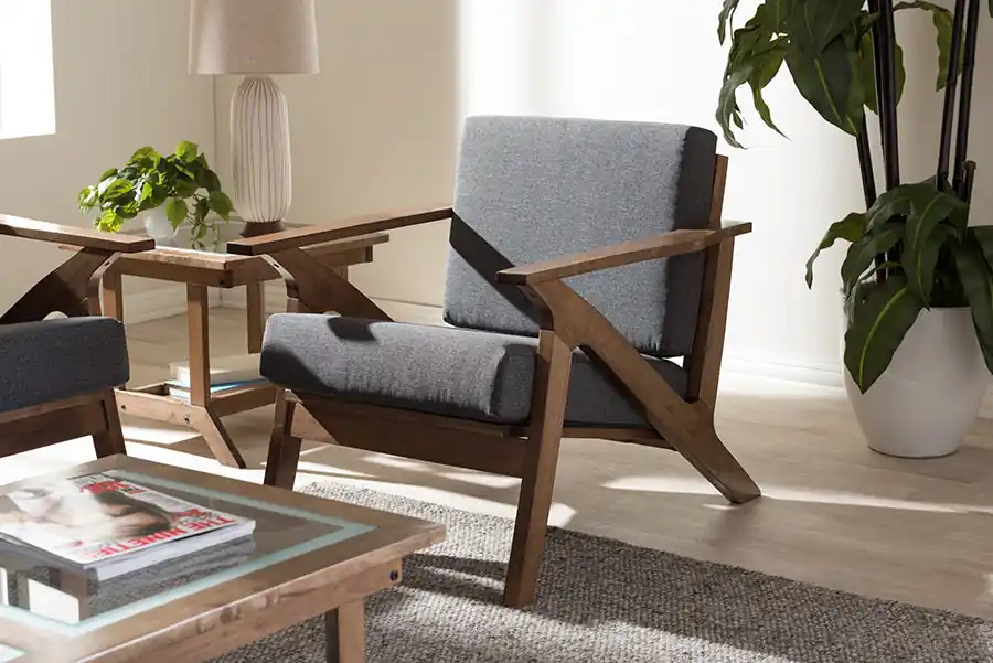 Authentic Baxton Studio Cayla Mid-Century Modern Grey Fabric and "Walnut" Brown Wood Living Room 1-Seater Lounge Chair - Grey , "Walnut" Brown