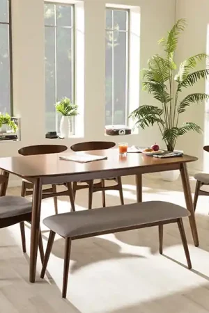 Baxton Studio Flora Mid-Century Modern Light Grey Fabric and "Oak" Medium Brown Finishing Wood 6-Piece Dining Set - Table: "Oak" Medium Brown; Seatings: Light Grey , "Oak" Medium Brown Limited Offer