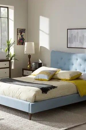 Baxton Studio Hannah Mid-Century Modern Sky Blue Fabric Queen Size Platform Bed - Light Blue Brand New
