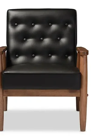 Baxton Studio Sorrento Mid-century Retro Modern Black Faux Leather Upholstered Wooden Lounge Chair - Black Best Choice